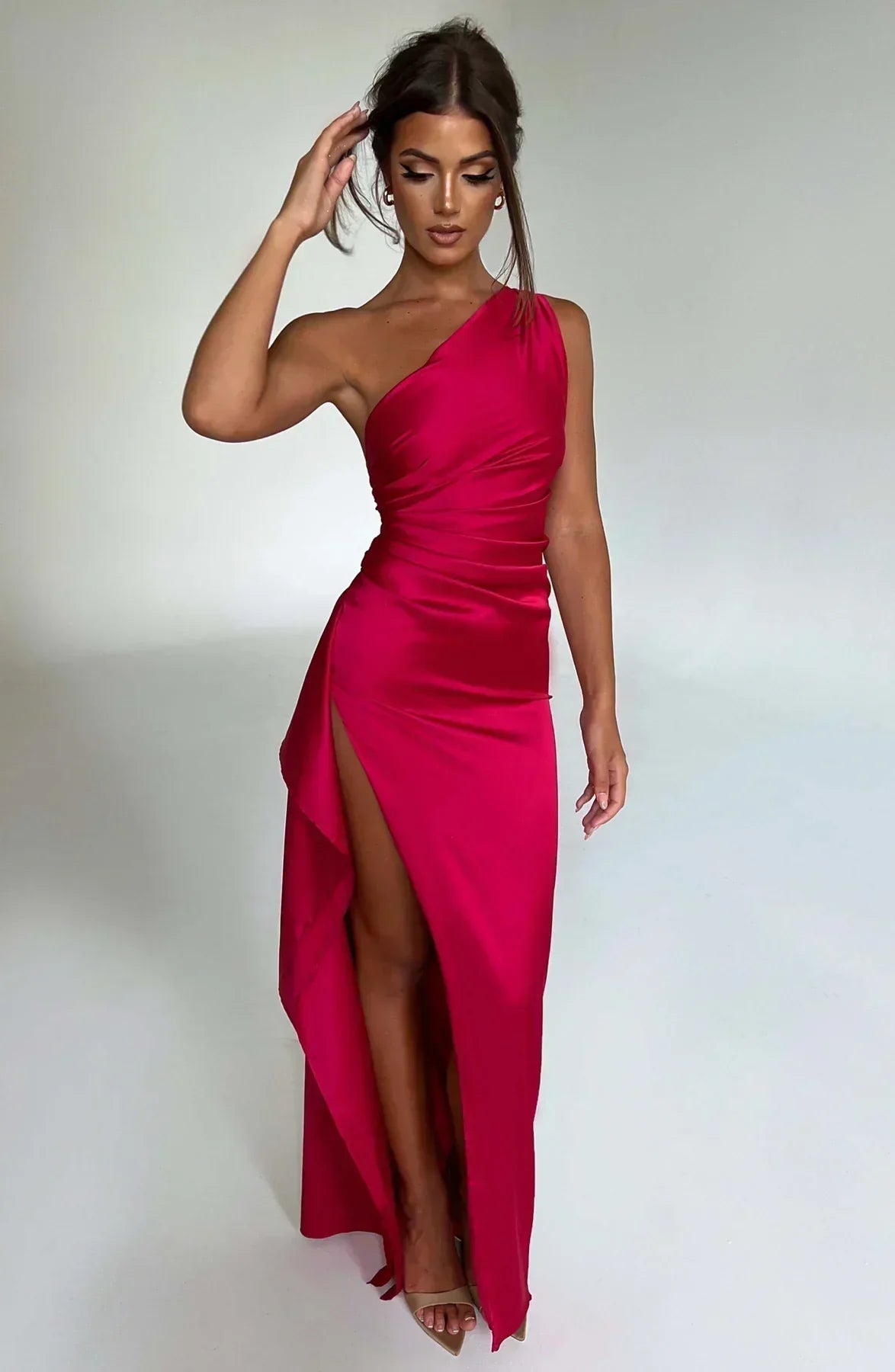 One-Shoulder Satin Maxi Dress with High Slit