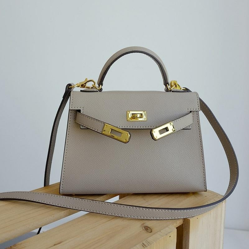 Structured Top Handle Leather Handbag with Gold Lock