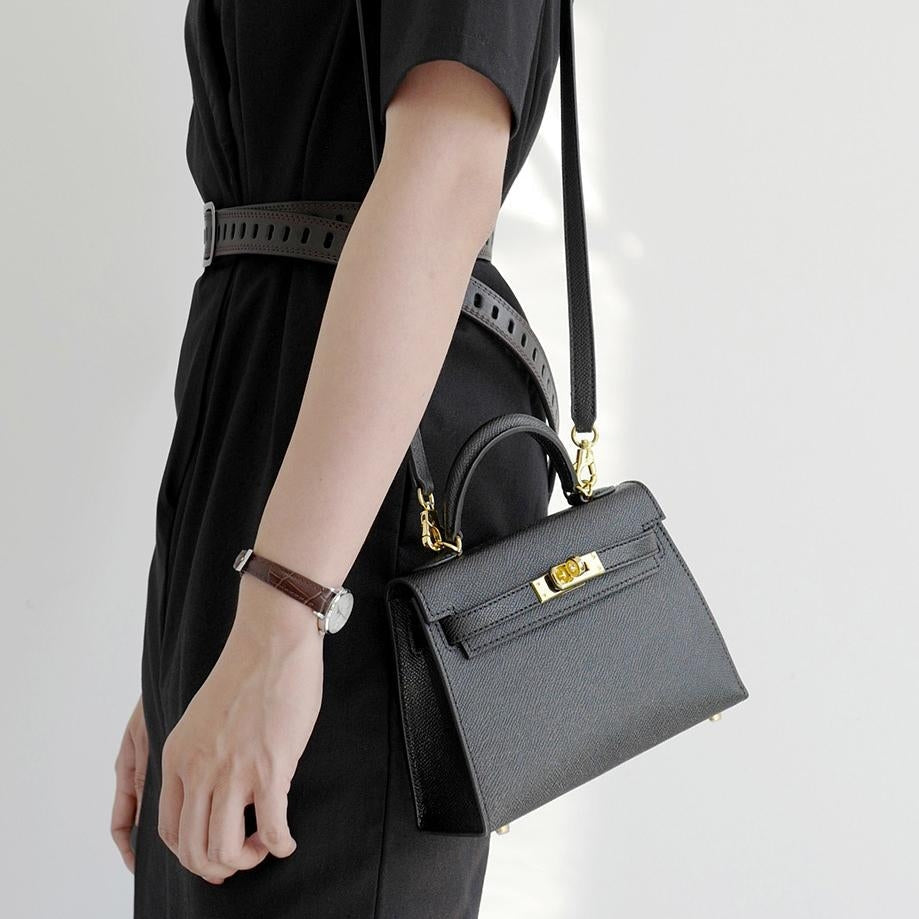 Structured Top Handle Leather Handbag with Gold Lock