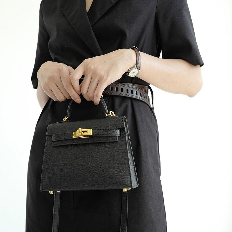 Structured Top Handle Leather Handbag with Gold Lock
