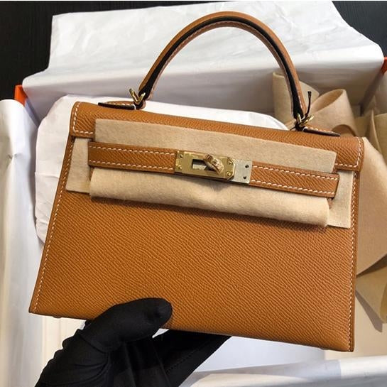 Structured Top Handle Leather Handbag with Gold Lock