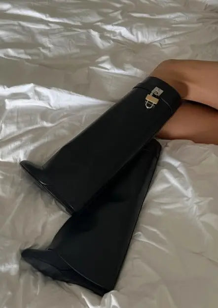 Sculptural Black Wedge Knee-High Boots in Glossy Finish