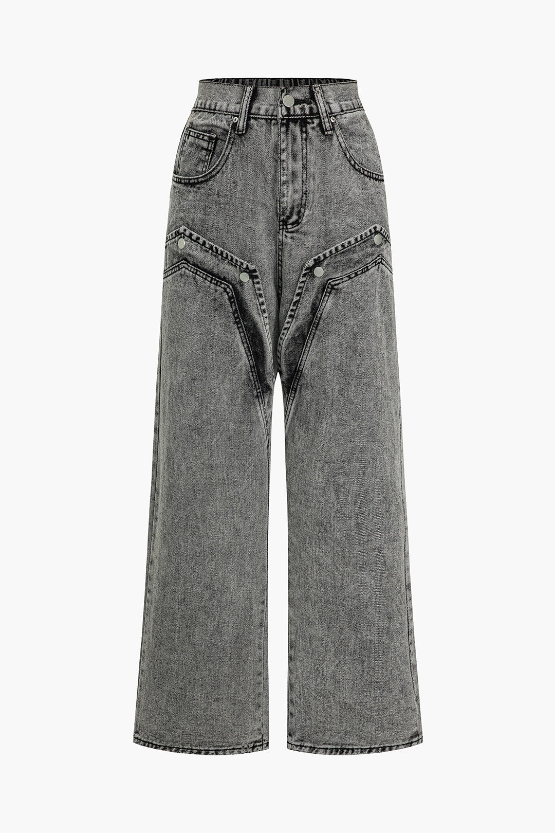 Grey Washed Wide-Leg Jeans with Statement Pocket Detailing