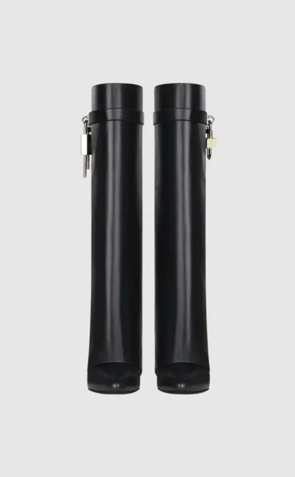 Sculptural Black Wedge Knee-High Boots in Glossy Finish