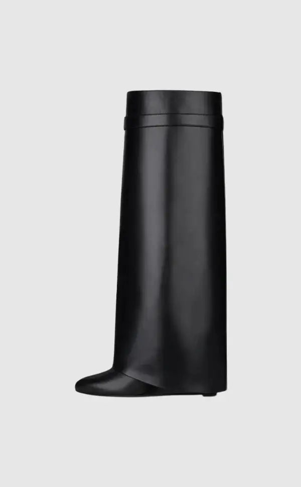 Sculptural Black Wedge Knee-High Boots in Glossy Finish