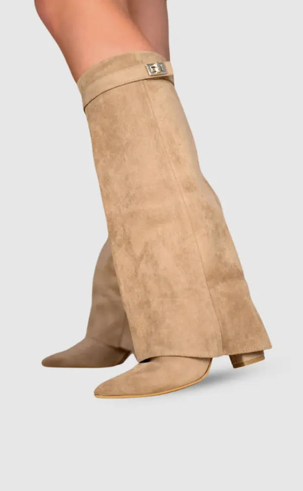 Sculptural Knee-High Wedge Boots in Faux Suede with Buckle Detail