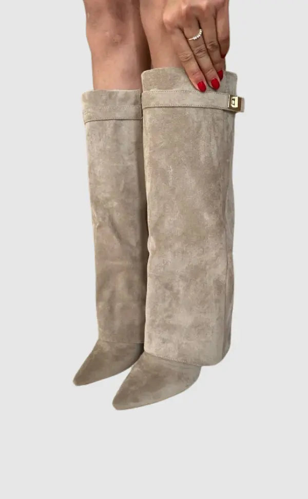 Sculptural Knee-High Wedge Boots in Faux Suede with Buckle Detail