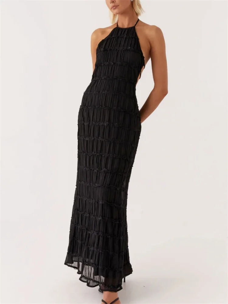 Halter Neck Maxi Dress with Pleated Texture and Open Back