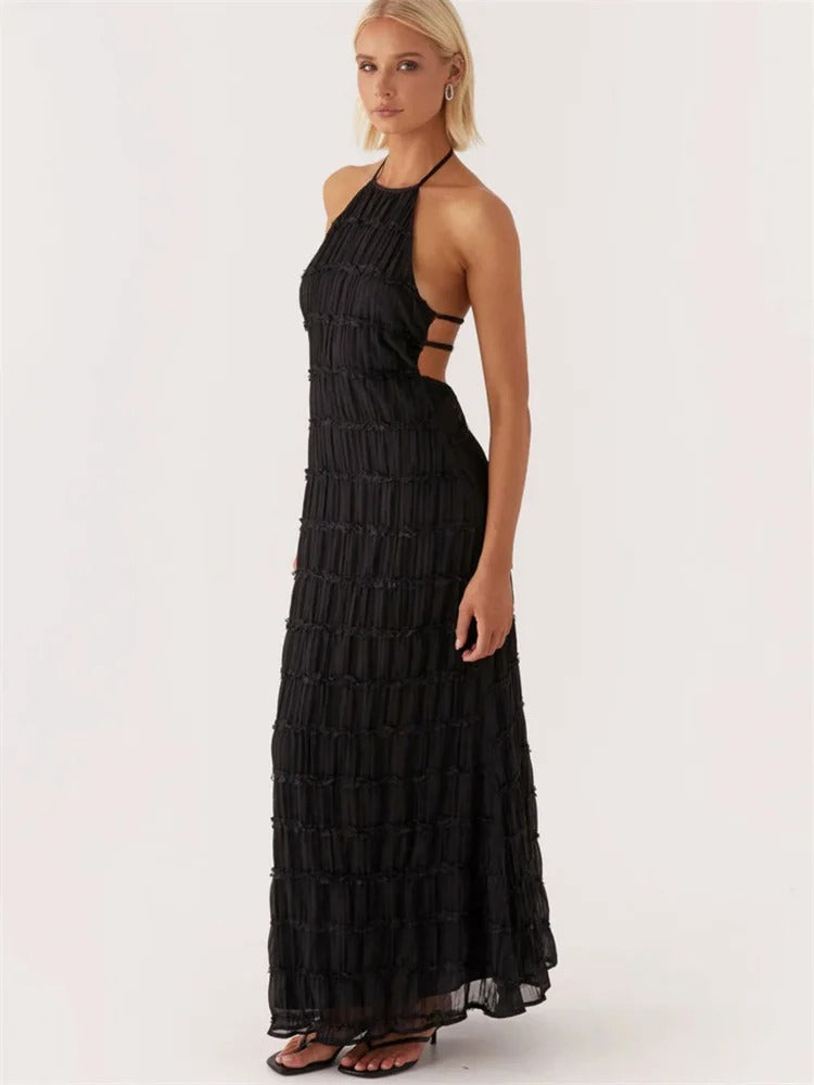 Halter Neck Maxi Dress with Pleated Texture and Open Back