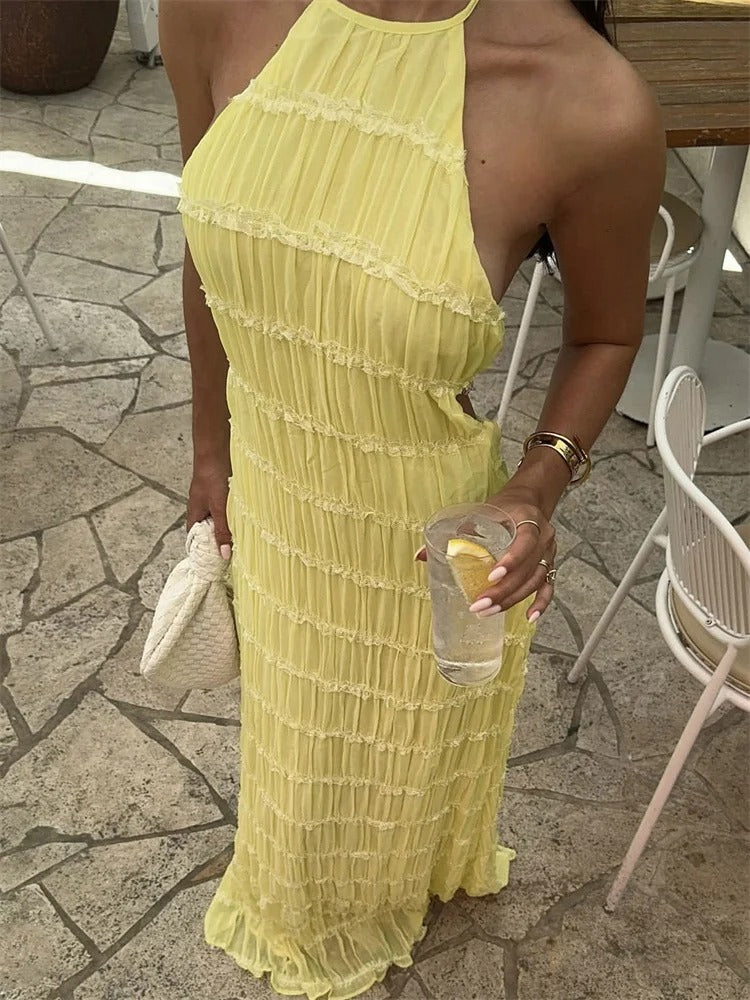 Halter Neck Maxi Dress with Pleated Texture and Open Back