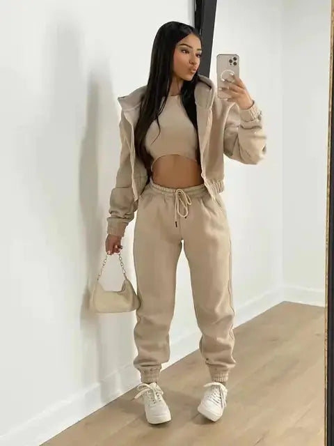 Three-Piece Loungewear Set with Cropped Hoodie, Bralette and Joggers