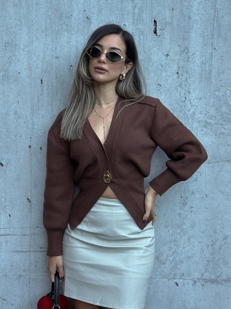 Chic Deep V-Neck Knit Cardigan with Decorative Button