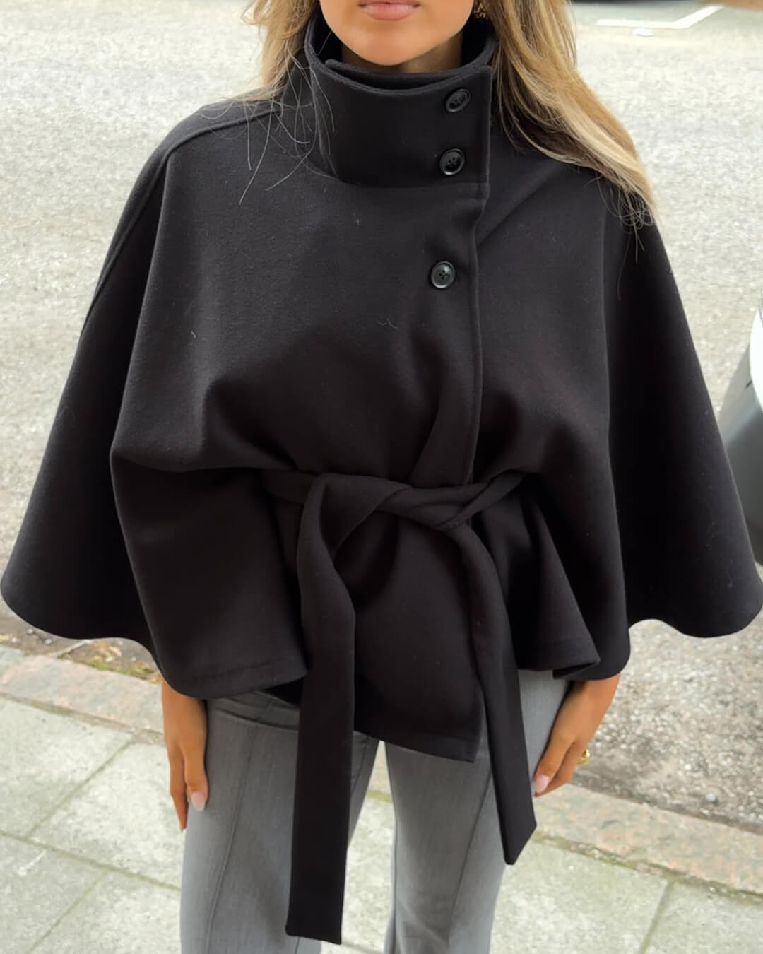 Elegant High Neck Belted Cape Jacket
