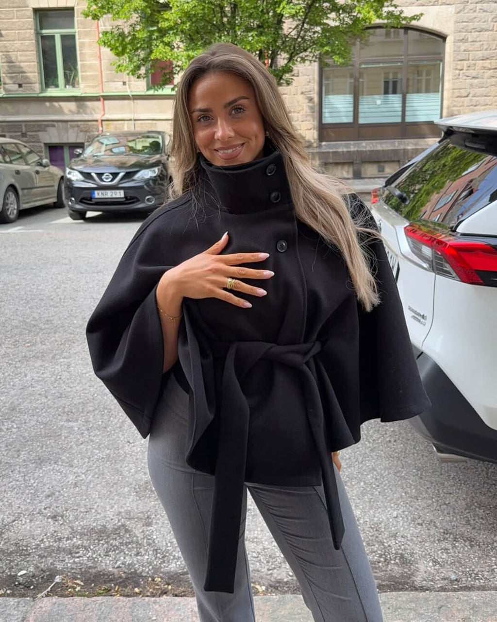 Elegant High Neck Belted Cape Jacket