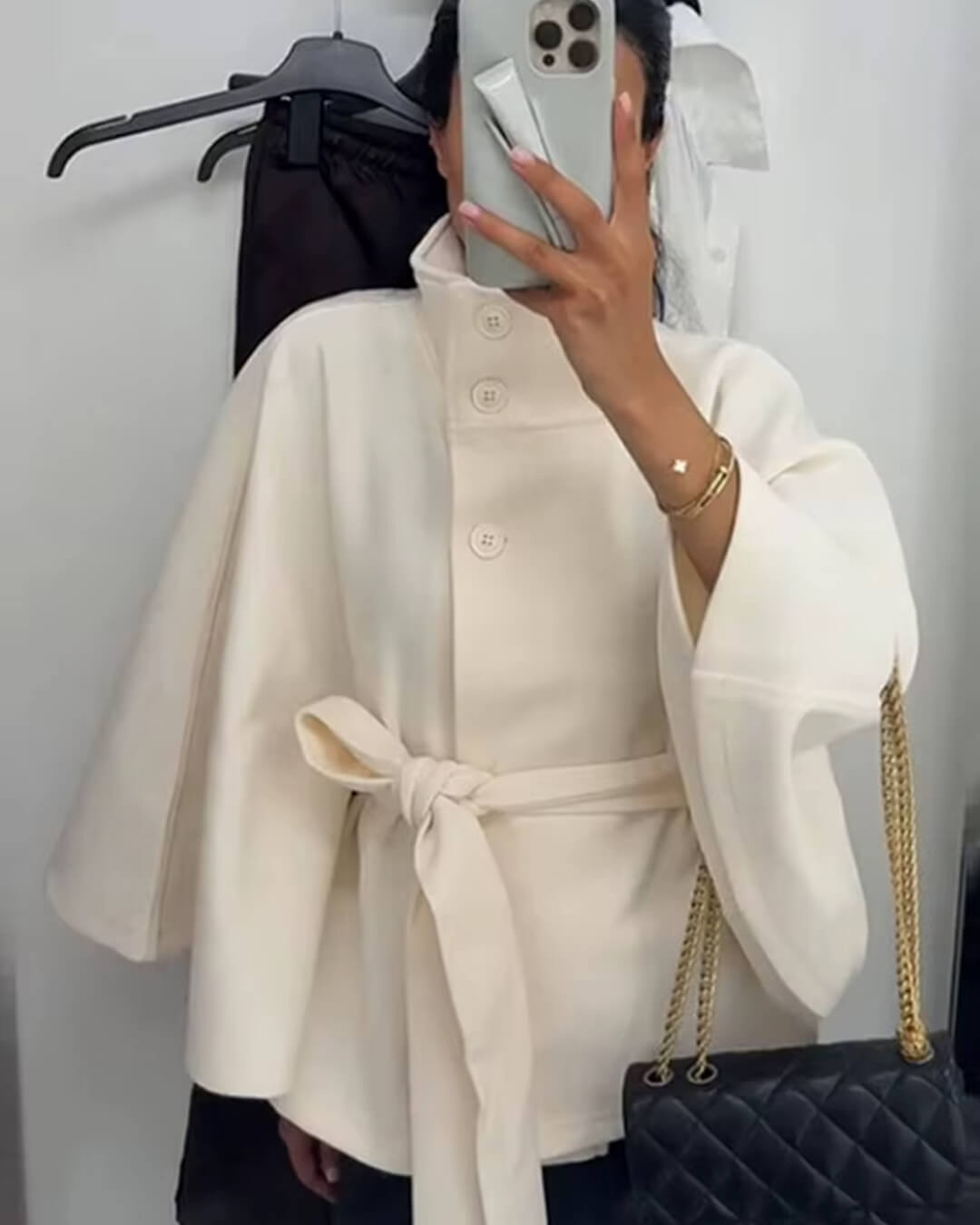 Elegant High Neck Belted Cape Jacket