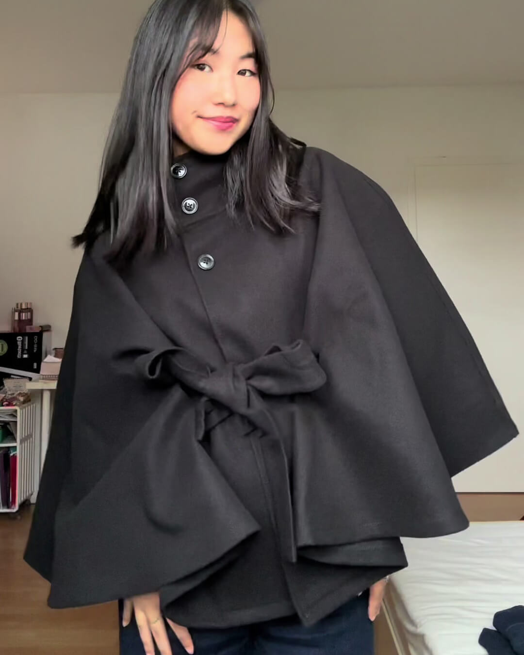 Elegant High Neck Belted Cape Jacket