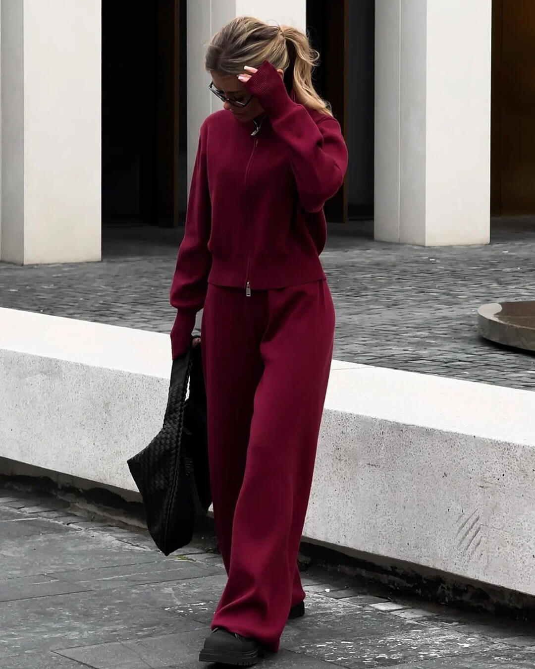 Knitted Zip Jacket and Wide-Leg Trousers Set