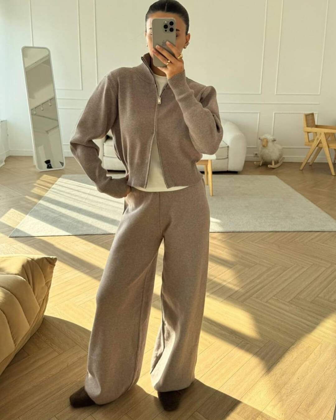 Knitted Zip Jacket and Wide-Leg Trousers Set