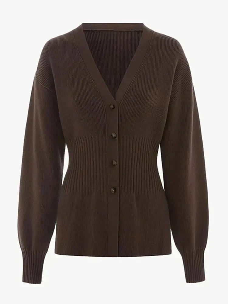 V-Neck Knit Cardigan – Waist-Cinching Lantern Sleeve Sweater