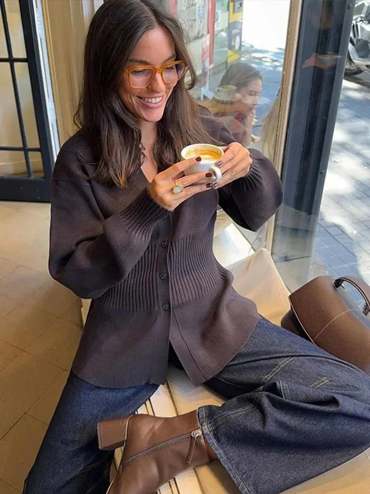 V-Neck Knit Cardigan – Waist-Cinching Lantern Sleeve Sweater