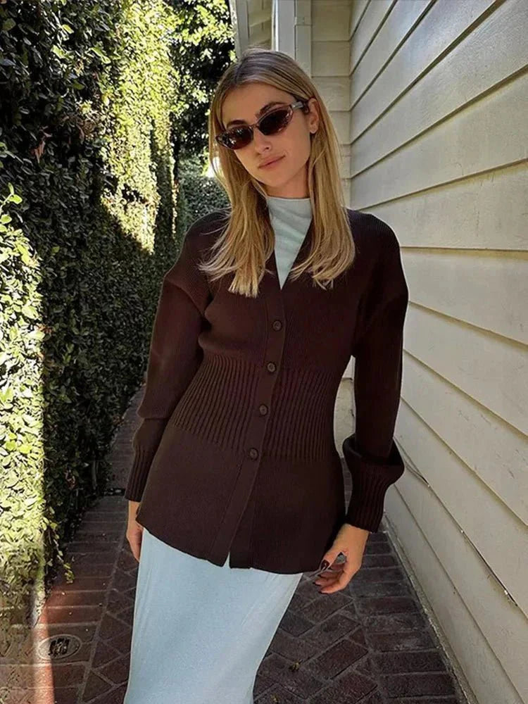 V-Neck Knit Cardigan – Waist-Cinching Lantern Sleeve Sweater