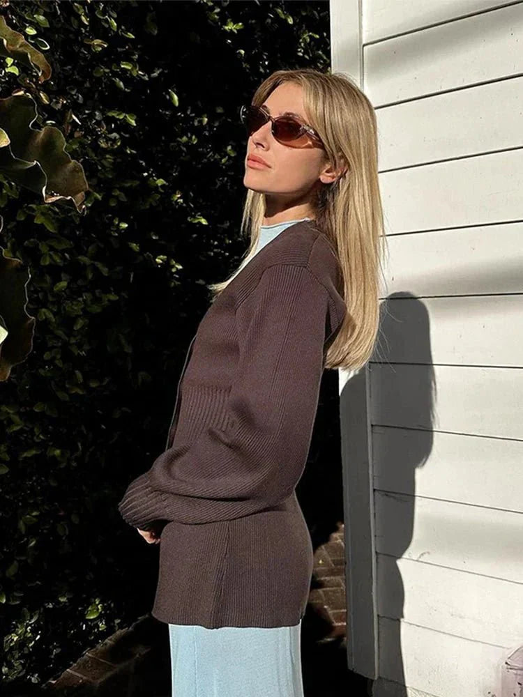 V-Neck Knit Cardigan – Waist-Cinching Lantern Sleeve Sweater